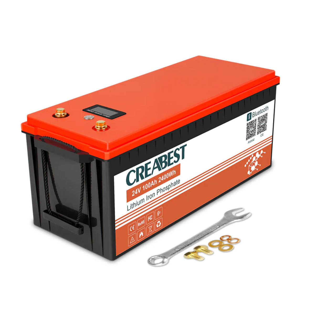 Creabest LiFePO4 24V 100Ah mit Label Spezifikationen für Österreich