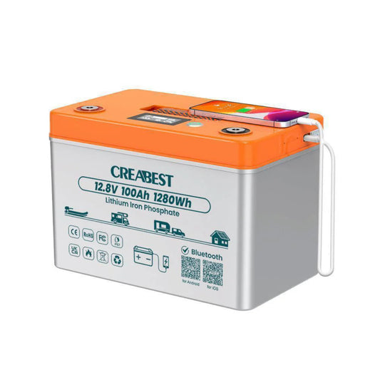 LiFePO4 12V 100Ah lithium iron phosphate battery with Bluetooth monitoring and waterproof design.