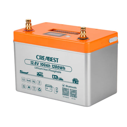 LiFePO4 12V 100Ah Batterie – Technische Zeichnung mit Abmessungen und Anschlussdetails