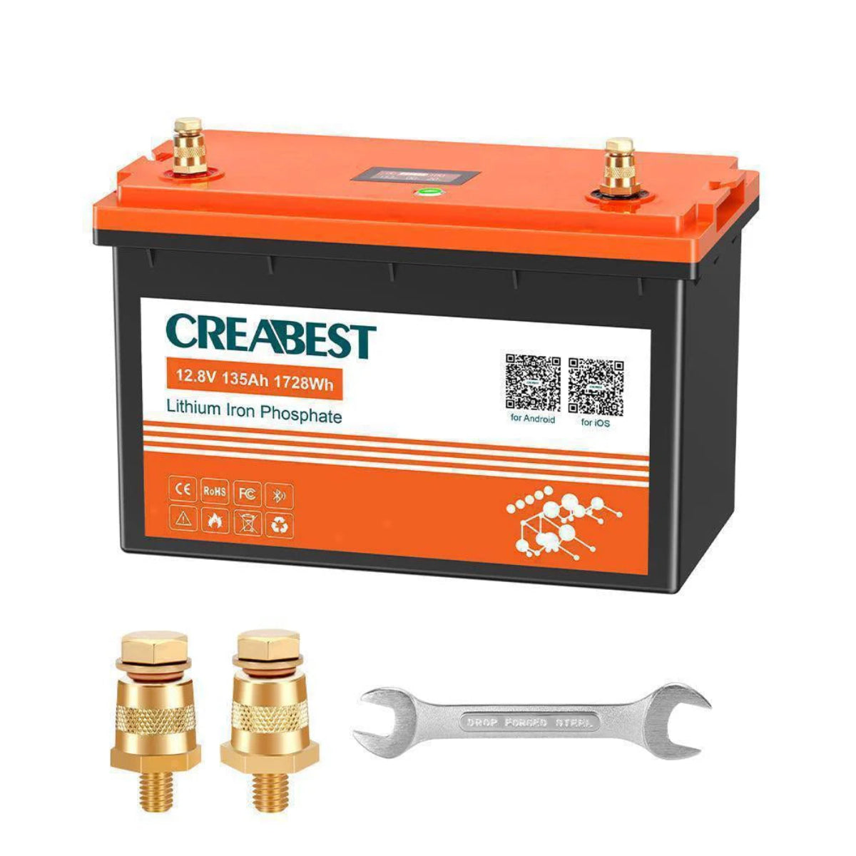 LiFePO4 12V 135Ah Batterie mit Bluetooth – Detailansicht der goldenen Anschlussstecker und Kabelanschlüsse