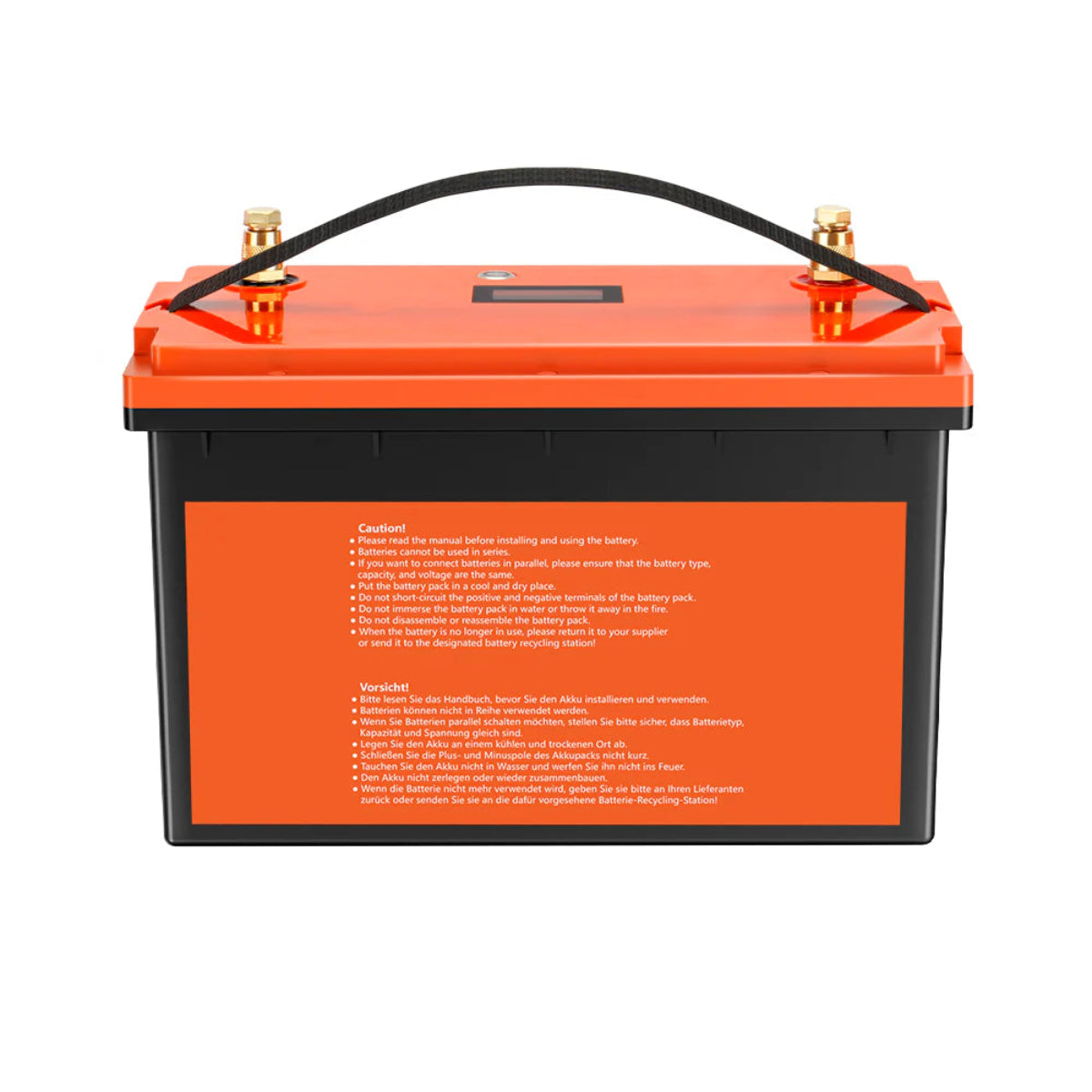 LiFePO4 12V 135Ah Batterie mit Bluetooth – Rückansicht mit technischem Label und Lüftungsschlitzen
