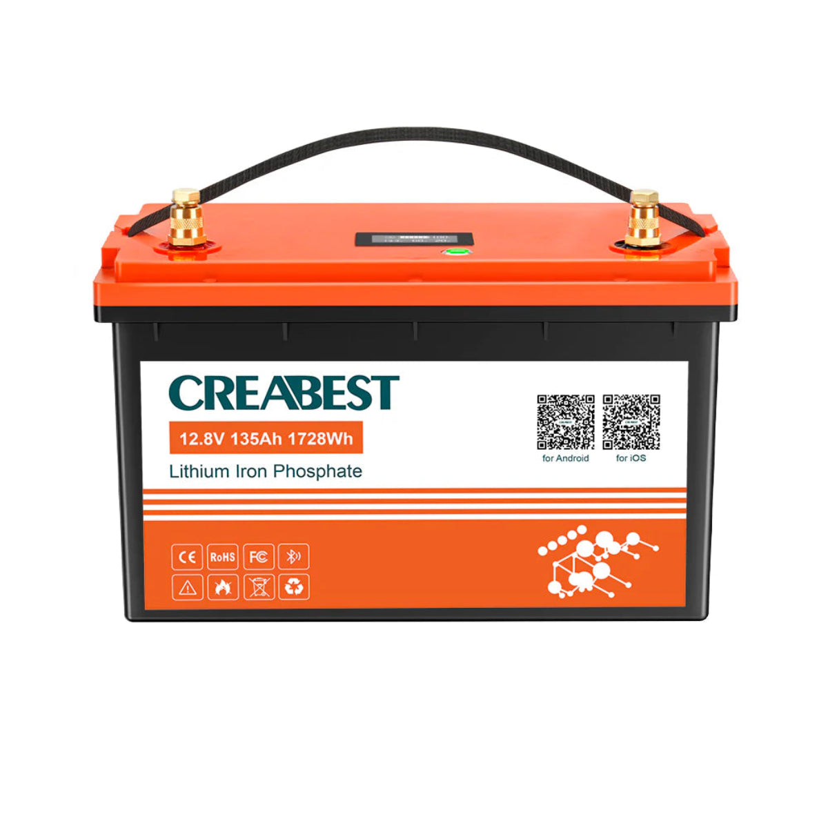 LiFePO4 12V 135Ah Batterie mit Bluetooth – Seitenansicht mit orange-schwarzem Gehäuse und Tragegriff
