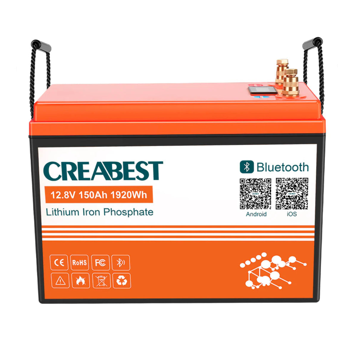 LiFePO4 12V 150Ah Batterie mit Bluetooth – Frontansicht mit Beschriftung und Tragegriff