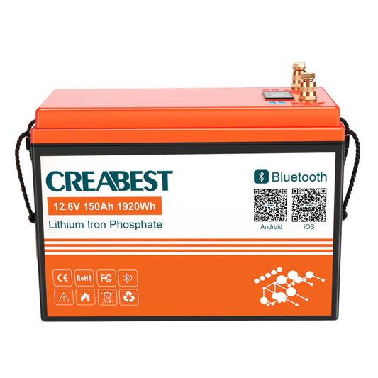 LiFePO4 12V 150Ah Batterie mit Bluetooth – Frontansicht mit Beschriftung und Tragegriff