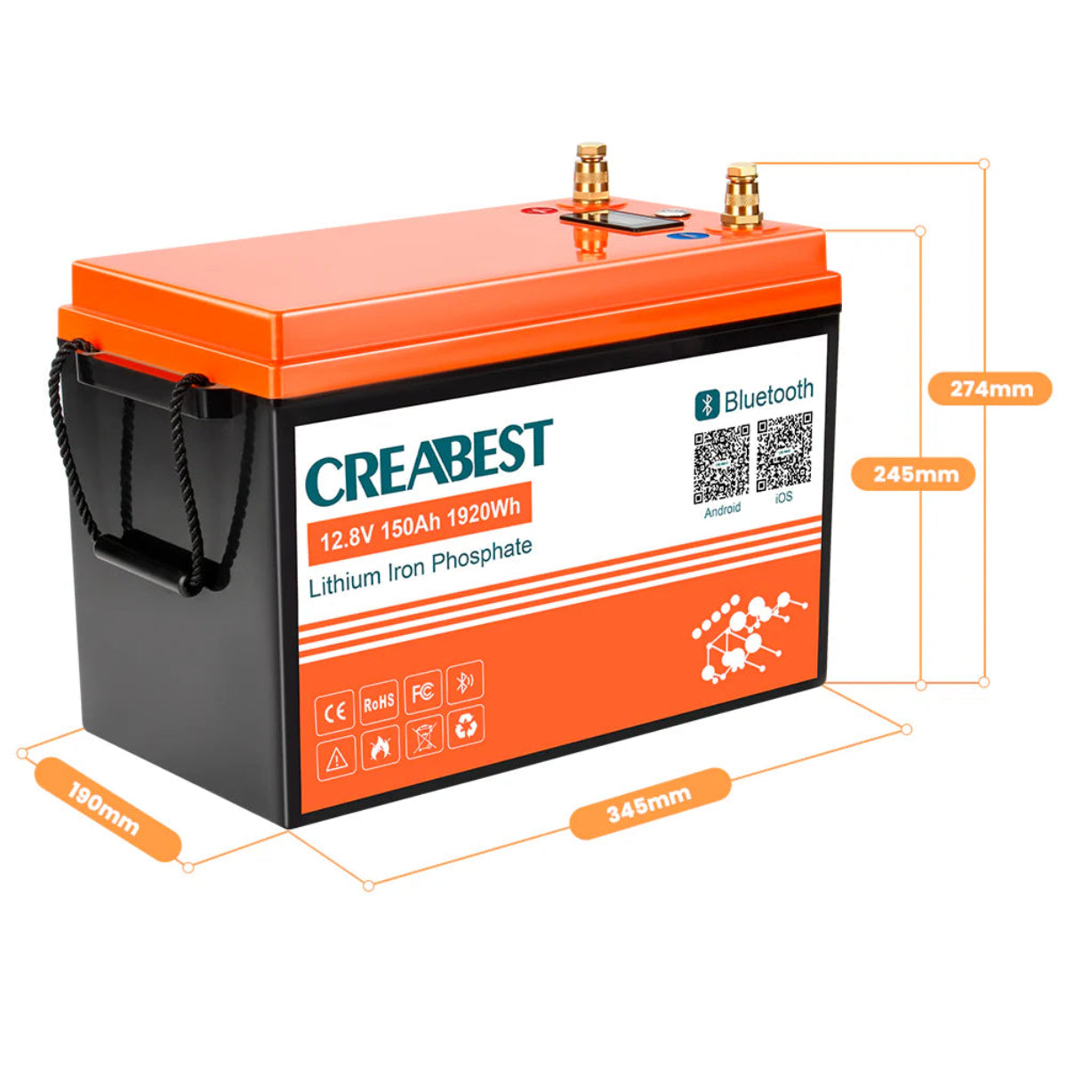 LiFePO4 12V 150Ah Batterie mit Bluetooth – perspektivische Ansicht mit Batteriegriff und Label
