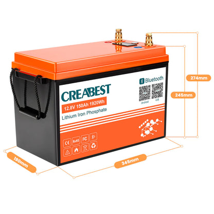 LiFePO4 12V 150Ah Batterie mit Bluetooth – perspektivische Ansicht mit Batteriegriff und Label
