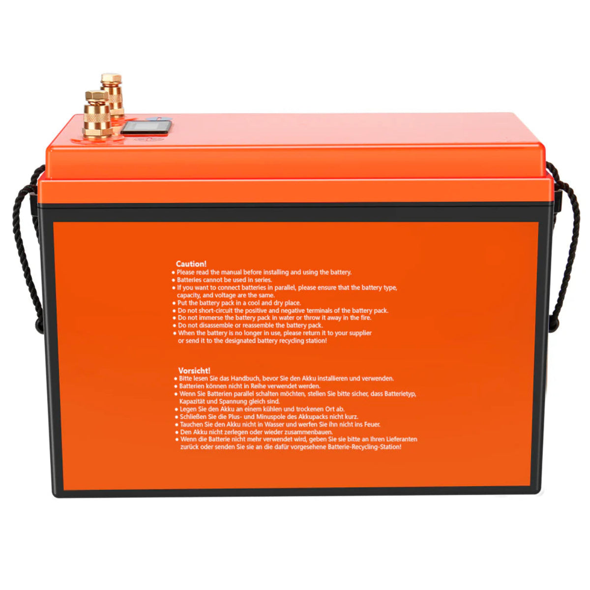 LiFePO4 12V 150Ah Batterie mit Bluetooth – Rückansicht mit technischen Angaben und Lüftungsschlitzen