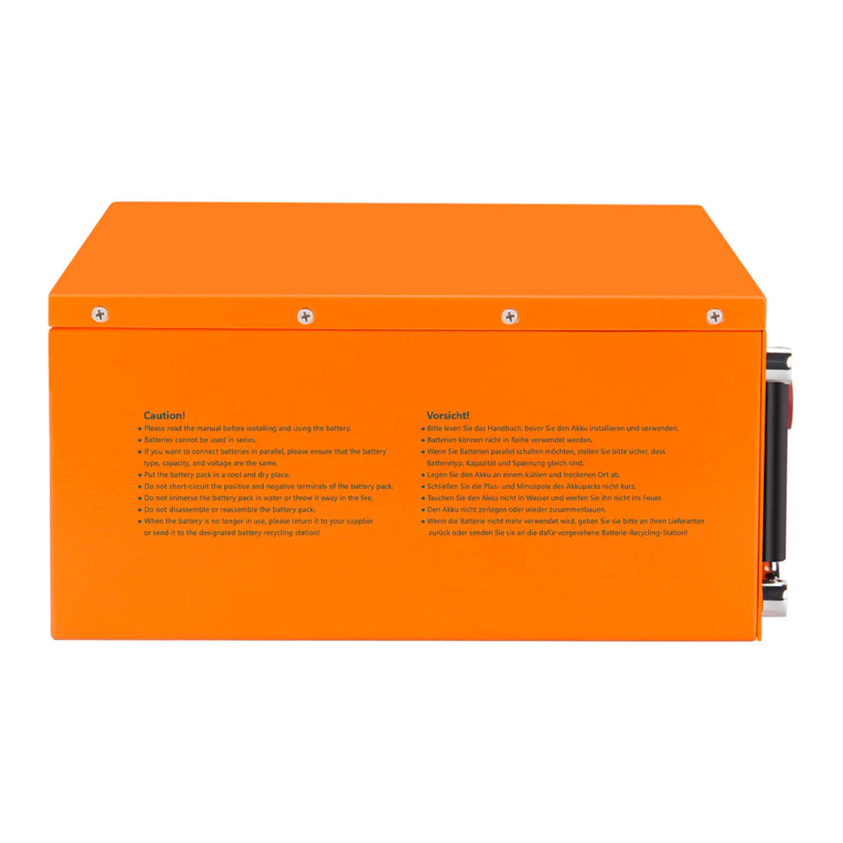 LiFePO4 12V 200Ah Batterie Rückseite Metallgehäuse Anschlüsse Österreich