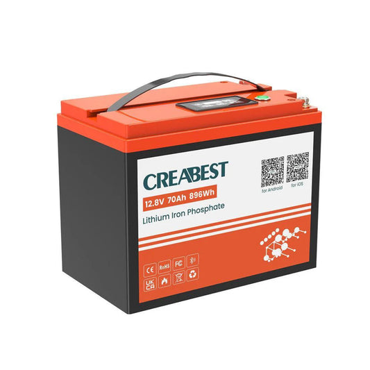 LiFePO4 12V 70Ah Batterie mit Bluetooth – Frontansicht mit Display und Tragegriff