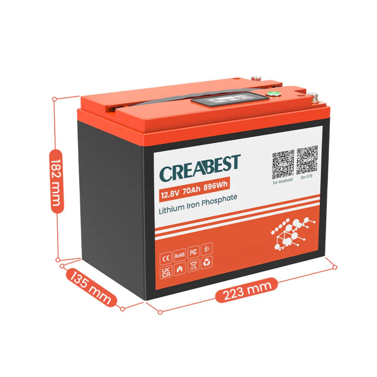 LiFePO4 12V 70Ah Batterie mit Bluetooth – perspektivische Ansicht mit Handgriff und Label